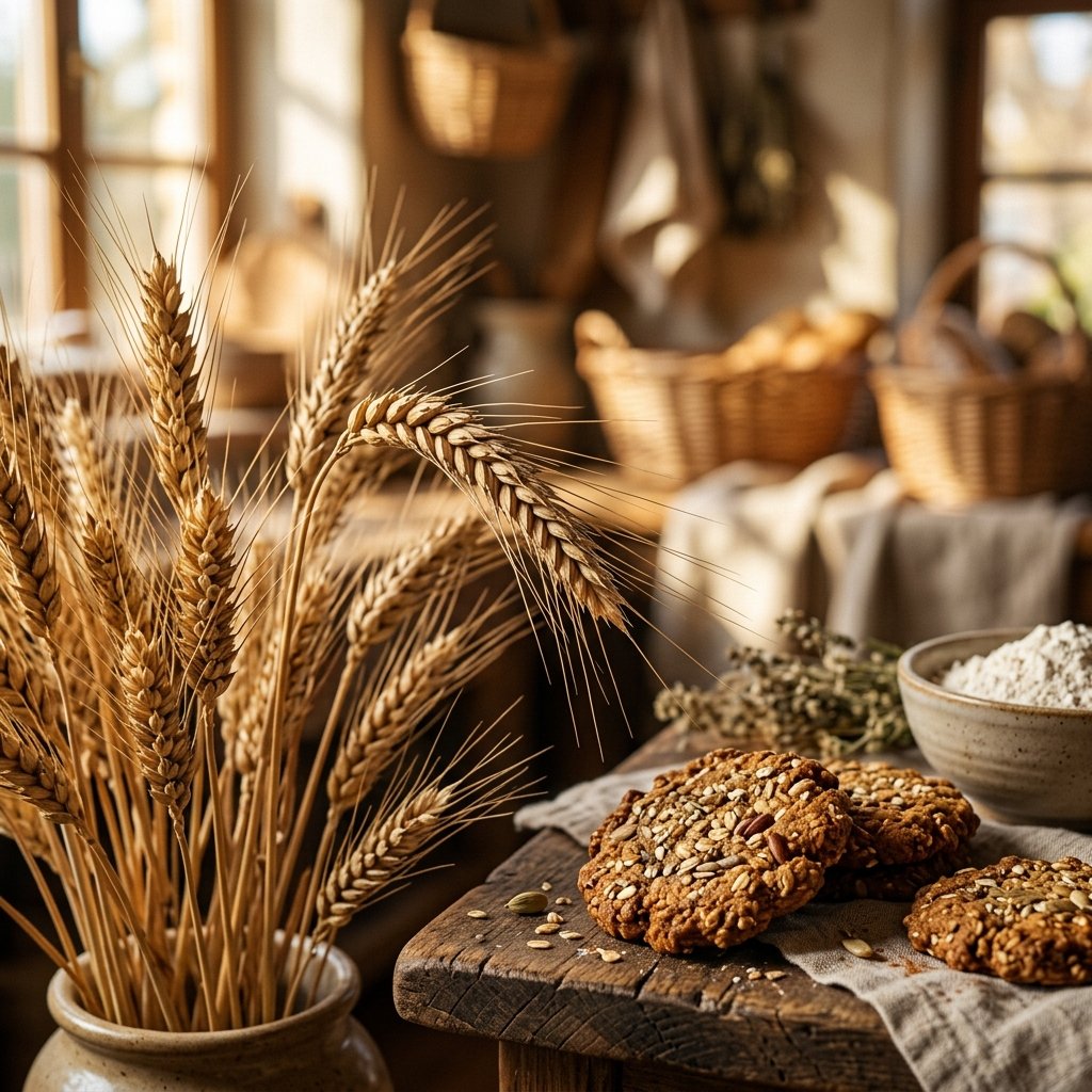 Golden wheat stalks and whole grain cookies — the heart of Anantacura